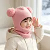 Chapéu e Cachecol Integrados para Crianças com Forro de Fleece, Capuz Espessado para Proteção das Orelhas, Chapéu de Lã Tricotado Quente de Inverno para Bebês Meninos e Meninas