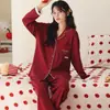 Nuevo Pijama de Algodón Puro Rojo Festivo para Mujer de Primavera y Otoño, Manga Larga, Cuello Solapa, Conjunto Casual Holgado y Cómodo para Casa