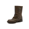 Versión de moda~ Botas de jinete con un diseño único, botines con un tacón grueso de 4 cm para mujer, nuevas botas retro Maillard adelgazantes 2026