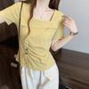 Moda Femenina Tallas Grandes Verano 2025 Nuevo Estilo Cuadrado de Cuello Colorido Botón de Color Cordón Lazo Manga Corta Camiseta Top