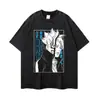 Camiseta vintage lavada con estampado de cómic, hombros caídos, corte holgado, estilo hip-hop de la calle, top casual de manga corta de verano para adolescentes