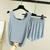 Conjunto de pijama de verano para mujer, top sin mangas de modal y shorts, fino, corte holgado, se puede usar para salir, pijama casual de dos piezas sin mangas