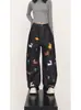 Jeans Bordado Cartoon Retro Americano para Homens e Mulheres, Nova Moda High Street 2026, Calças de Cintura Alta Largas Estilo Streetwear Bf