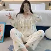 Familia Algodón Seda 2025 Pijama de Algodón Seda con Lazo de Encaje para Mujer, Conjunto de Ropa para el Hogar Primavera y Otoño, Se Puede Usar Afuera, Manga Larga Casual