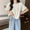 Camiseta asimétrica de manga corta, corta por delante y larga por detrás, para mujeres petite, top versátil de verano holgado, de media manga