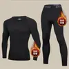 Conjunto térmico masculino quente, justo ao corpo, com forro de fleece, para outono e inverno, adequado para corrida ao ar livre, esportes e fitness, secagem rápida