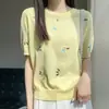 Seda de hielo fina cuello redondo flor bordada estilo coreano manga abullonada suelta casual que reduce la edad primavera y verano mujer tejido media manga