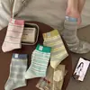 Meias Coloridas Listradas de Lápis de Cor para Mulheres, Meias de Algodão Estilo Coreano, Novas Meias Sem Costura de Cano Médio com Etiquetas de Tecido de Gatinho de Desenho Animado Fofas