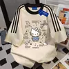 Camiseta Feminina de Manga Curta com Estampa de Gato Doce e Cool Americana de Três Listras, Verão Algodão Puro Solta Fresca Patchwork para Casal