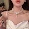 Corrente Popular Xiaohongshu para Clavícula com Laço e Pérola Incrustada com Diamante Flor Gota d'Água Colar de Moda de Noite de Nicho