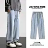 Jeans casuales de pierna ancha holgados para hombre de primavera, estilo American high street moderno, pantalones rectos de cintura elástica para hombre