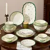 Conjunto de louça de cerâmica de cereja pequeno com borda verde vintage, tigelas de arroz domésticas, pratos, pratos de peixe, pratos de salada e tigelas