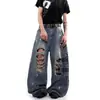 Calça Jeans Rasgada com Estampa de Carta Americana para Homens e Mulheres Verão Tendência Marca Streetwear Lâmina Curva Calças Longas Retrô Soltas Calças de Perna Larga