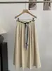 Saia Midi Lisa A-Line de Cintura Alta Semi-Elástica Omalai Estilo Simples Estilo Coreano com Cinto e Lenço 6654
