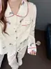 Pijama de otoño para mujer con cuello de muñeco de dibujos animados, manga larga y pantalón largo, lindo conjunto de dos piezas de algodón nube para casa, corte holgado