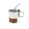 Taza portátil de acero inoxidable 304 con popote, asa con veta de madera, taza de café para exteriores, vaso de agua irrompible, taza con popote