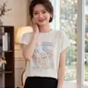 2026 Verano Nuevo Tejido Fino Cuello Redondo Manga Corta Mujer Estampado Floral Corte Holgado Camiseta Top