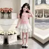 2026 Moda Individual Elegante Top Curto de Manga Curta para Meninas Verão Doce Conjunto de Duas Peças Saia de Renda Conjunto Princesa