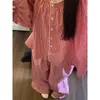Pijama holgado de estilo princesa francesa con ribete de encaje a cuadros para niñas, conjunto de ropa de casa de manga larga y pantalón largo para primavera y otoño