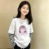Camiseta de manga larga de algodón puro para niña, look de dos piezas para primavera y otoño, cuello redondo, camiseta básica elegante, top a rayas de moda versátil estilo coreano