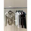 O dela uma medida doce outono francês estilo preguiçoso versátil slim fit afina cruz design gola V manga longa pequeno top 66969