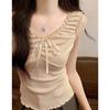 Camiseta de Verano con Cuello en V Fruncido para Mujer 2026, Top de Manga Corta o sin Mangas, Camisola Pequeña, Adecuada para Usar en Capas o Sola en Verano
