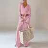 Nuevo conjunto de pijama para mujer de punto de terciopelo rosa con ribete de encaje y amarre en la parte superior y pantalones, ropa para el hogar, estilo europeo y americano