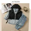 Conjunto de Ropa de Trabajo para Niños Otoño Nuevo Estilo Chaleco con Capucha Camisa de Mezclilla Pantalones Anchos Estampado de Tinta Conjunto de Tres Piezas Seguridad Clase A