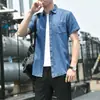 Estilo Nuevo de Verano Camisa de Mezclilla Casual Holgada de Algodón Puro para Hombre Camisa Fina de Manga Corta para Hombre Chaqueta de Moda Talla Grande
