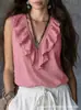 2026 Verano Europeo y Americano Transfronterizo Amazon Nuevo Top de Moda Elegante de Color Sólido sin Mangas con Cuello en V y Volantes