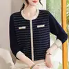 Suéter Pulôver de Manga Longa Estampado Casual para Meia-idade e Idosos Feminino 2026 Outono/Inverno Novo Estilo Roupa de Mãe Camada Base de Tricô Listrado