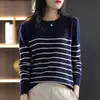 Estilo Novo Primavera e Verão Algodão Puro Listrado Manga Longa Tricô Estilo Coreano Top Gola Redonda Cor Contrastante Suéter Pulôver Camisa Base para Mulheres