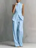 2026 Sitio Independiente Transfronterizo Europeo y Americano de Amazon Conjunto de Pantalón Largo sin Mangas de Algodón y Lino Fluido Color Sólido Moderno Elegante