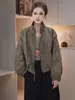 Chaqueta corta informal con cordón y cuello alto para mujer, versión coreana, tacto de alta gama, corte holgado, versátil, adecuada para personas menudas, chaqueta con cremallera