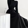 Nuevo Vestido Largo Negro de Otoño e Invierno, Femenino, Ajustado, Tejido, Cuello Alto Medio, Falda Larga, Falda Base