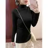Camiseta de cuello semi-alto con cintura fruncida para mujer, top elegante con abertura, capa base térmica ajustada para otoño e invierno