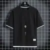 Waffled camiseta de manga curta verão homens falsos de duas peças soltas meia manga camiseta gelo seda fina pescoço redondo moda roupas de marca