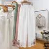 Pantalones de Pierna Ancha de Algodón y Lino de Verano para Mamá Mujer 2024 Nuevos Pantalones de Algodón y Lino de Verano para Mujer Nuevo Estilo Chino Pantalones Verdes Bordados Finos