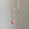 Collar con Colgante de Fresa Rosa Degradado y Anillo para Mujer, Dulce y Lindo Temperamento, Cadena de Suéter Choker a la Moda