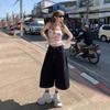 Primavera y Verano 2025 Nuevo Estilo Americano Retro Cintura Alta Sueltos Pierna Ancha Pantalones azul oscuro Pantalones Capri Primavera y Verano Combinación con todo Denim Recto
