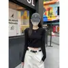 Camiseta Crop Top Verde Militar para Mujer, Estilo Básico para Otoño, Invierno y Primavera, Manga Larga Hombro Normal, Camiseta Base