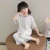 Conjunto de ropa de casa para niñas de verano, pijama moderno y estiloso para niños, color block personalizado, con volantes, forma de corazón, para aire acondicionado