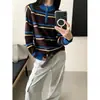 Suéter Tricô Listrado Colorido Retro Americano com Zíper Meio Zíper Feminino Primavera Outono Solto para Camada Sensação Preguiçosa Top de Tricô