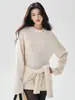 Chique sem esforço! Suéter de cashmere de alta qualidade, gola alta parcial, para mulheres, com design solto e barra enrolada, corte na altura do quadril e estilo quente que cobre o quadril.