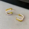 Pendientes de botón de alta gama estilo Chanel, con forma de C, circonita y perla, para uso diario