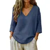 Top Casual Suelto de Moda Europeo y Americano Transfronterizo 2026 Amazon Primavera/Verano Nuevo para Mujer con Mangas Medias y Cuello en V de Algodón de Bambú