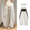 Pantalones de Lino con Lunares y Plátano para Mujer, Nuevo Estilo de Verano, de Cintura Alta, Adelgazantes, de Seda Helada de Pierna Ancha, con Cordón, Pantalones Casuales Holgados Curvos