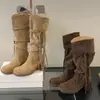 Nuevas Botas de Caballero Largas Estilo Wasteland Vintage con Borlas, Tacón Grueso, Hasta la Rodilla, en Colores Marrón Café y Caqui Oscuro