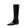 Botas de Caballero de Cuero Genuino Versátiles Simples de Piernas Largas 2026 Tacón Grueso Tacón Medio Punta Cuadrada Cuero Genuino Circunferencia Grande de Pantorrilla Botas de Caña Alta para Mujer