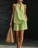 Traje de Lino Estilo Old Money para Mujer Verano Holgado Cuello en V Manga Corta Pantalones de Pierna Ancha Conjunto de Dos Piezas Sensación Perezosa Relajada